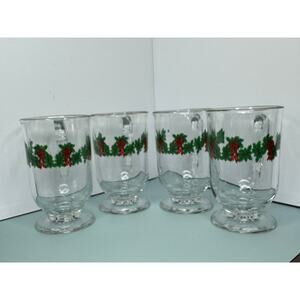 Vintage Irish Coffee Pedestal Handled Glass Mug w/Holly Bows and Gold Trim